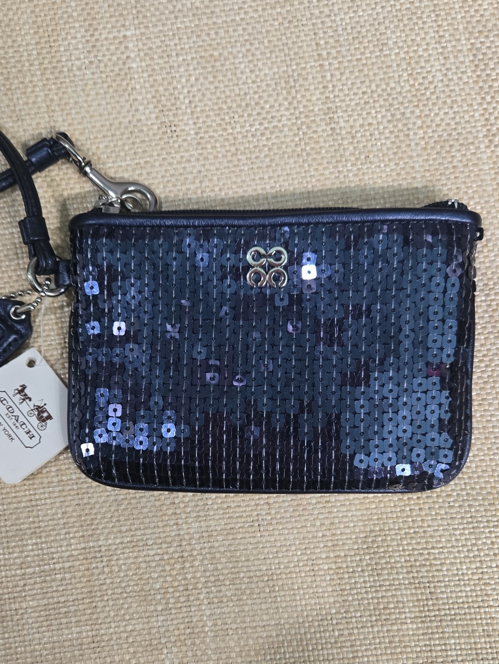 Coach Blue Sequin Wristlet with Metallic Logo